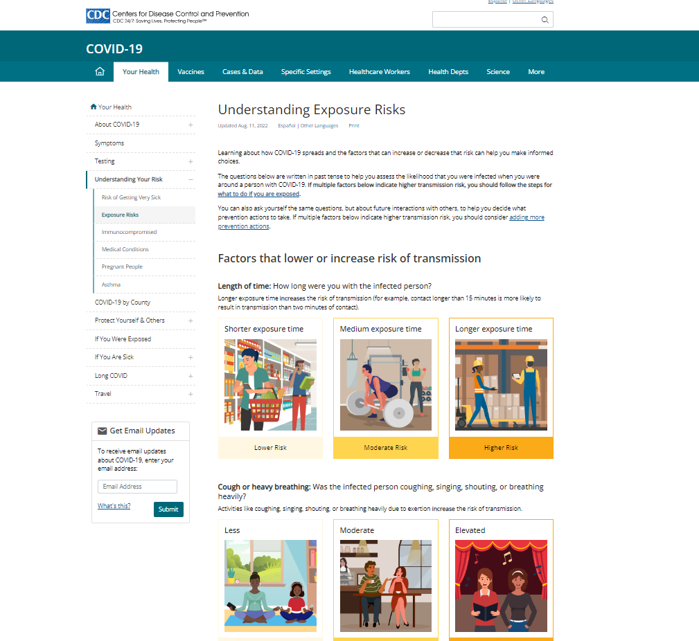 Webpage has multiple illustrations, including people shopping at a grocery store, at the gym, working at a factory, meditating, drinking coffee, and singing. The illustration shows people of multiple different ages and races.