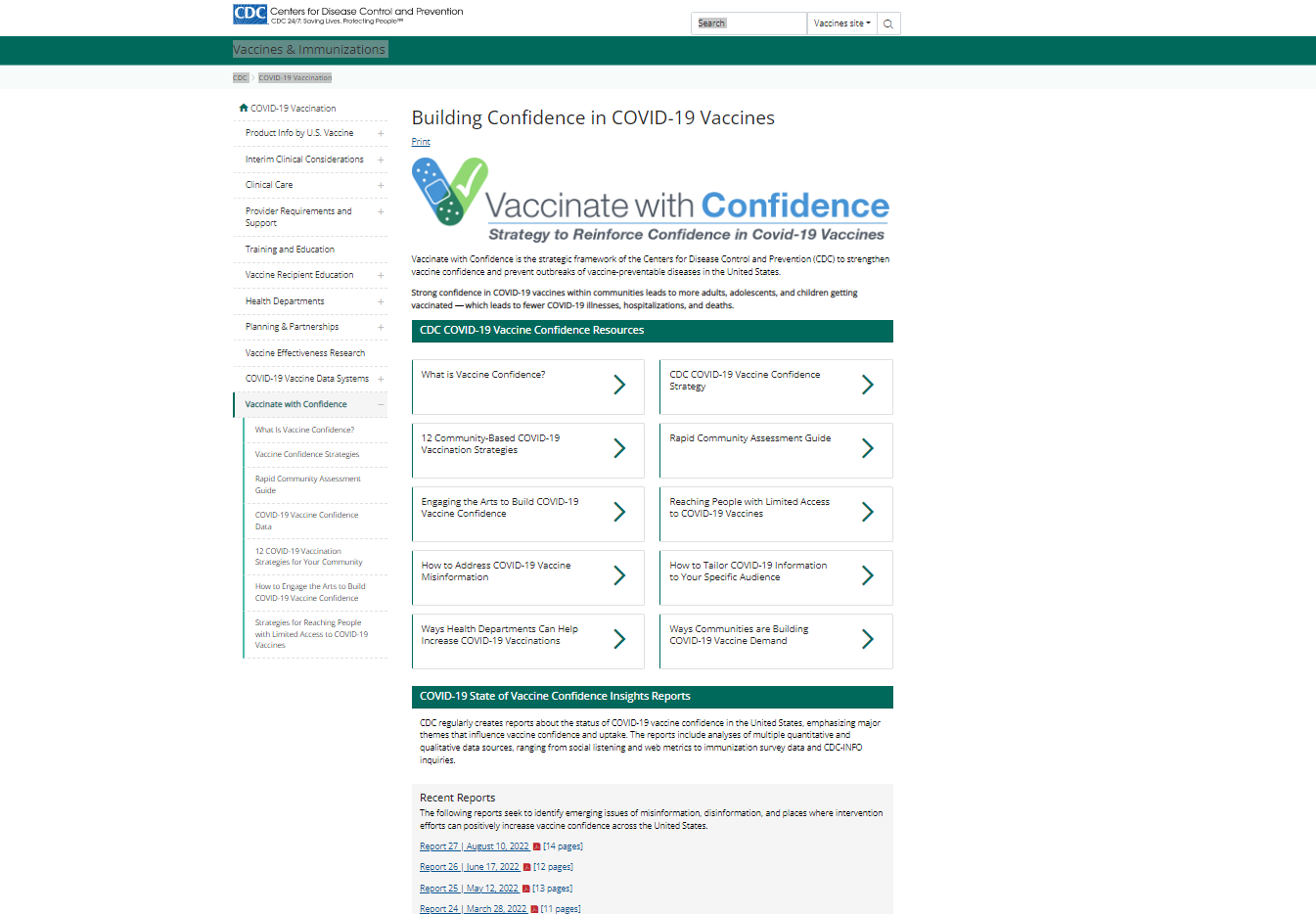 Webpage with CDC branding has the title "Vaccine Confidence' with two bandaids in the shape of a V to the left of the title. Below the title are multiple hyperlinked resources