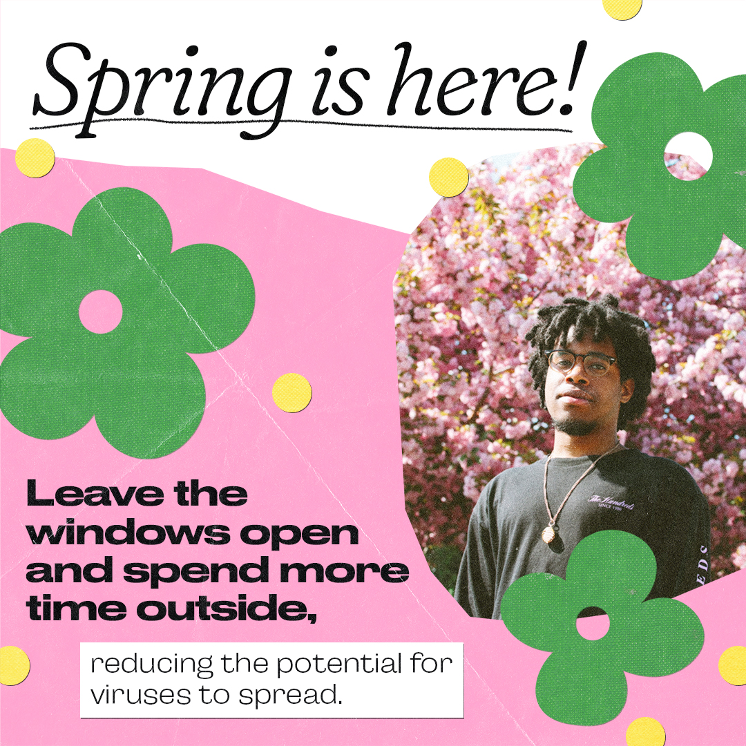 Graphic shows a Black young man standing in front of a cherry blossom tree, indicating Spring is here. 