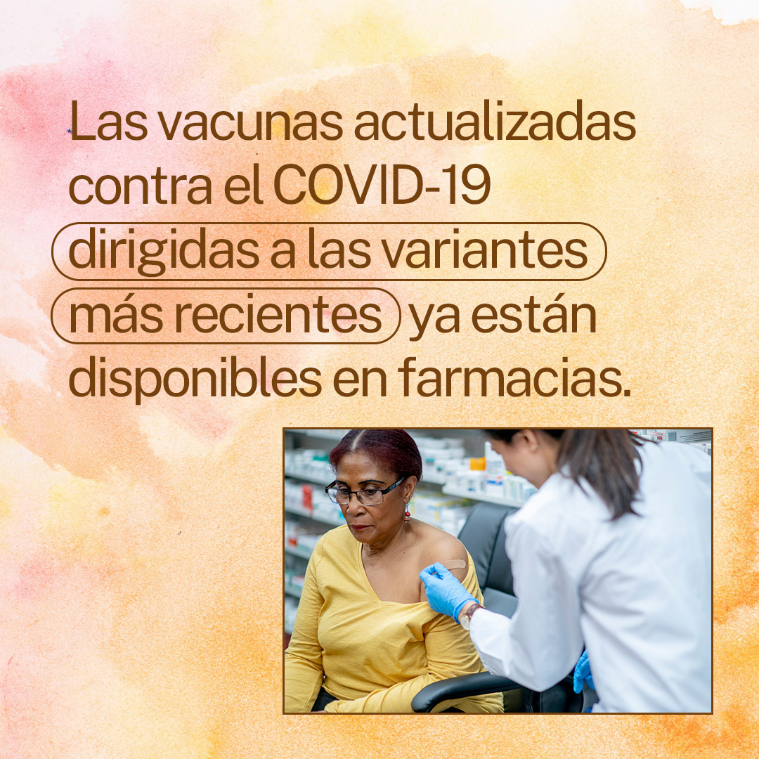 Graphic contains an image of an older Latina woman getting a vaccine injection in her arm by a woman wearing a white coat.