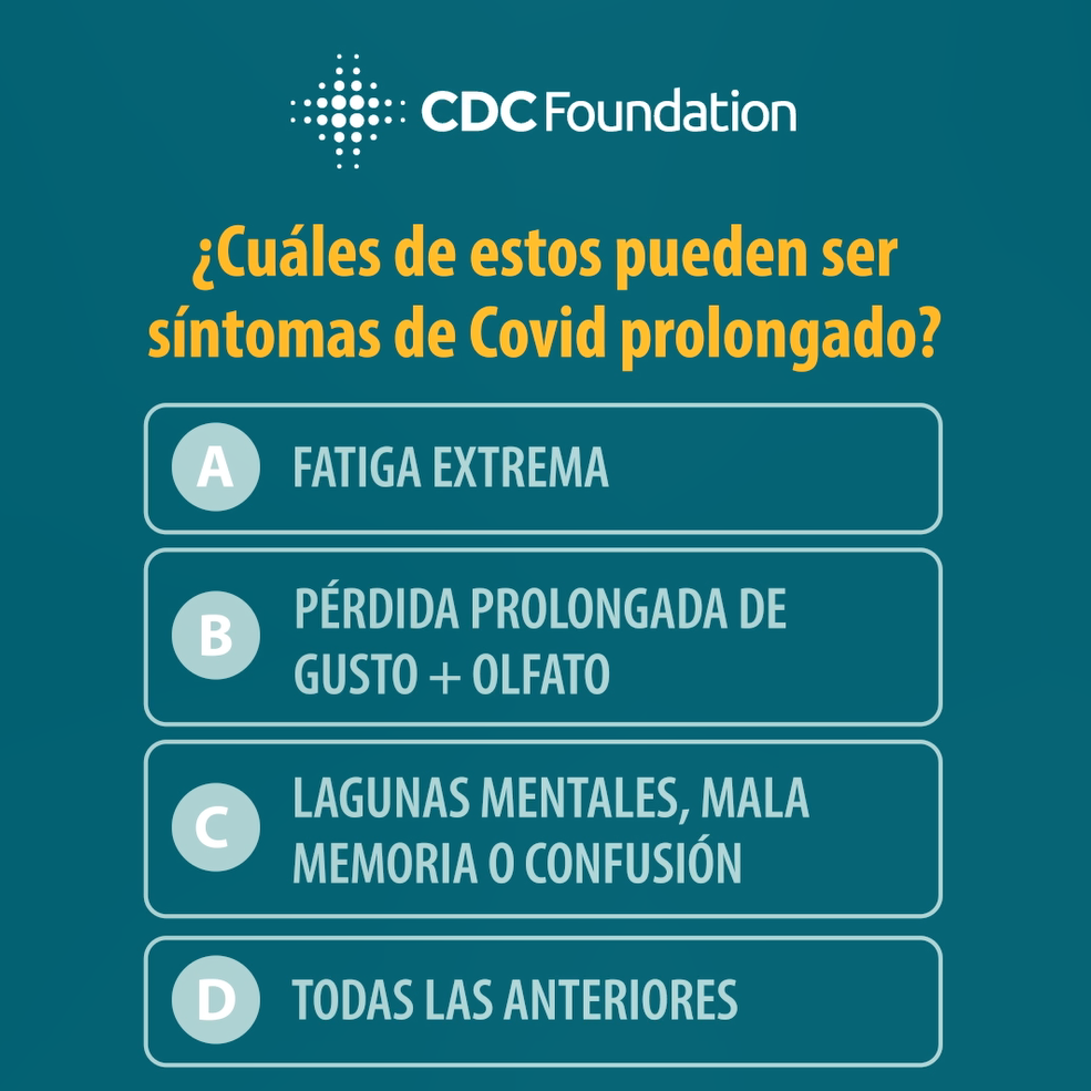 Image from the video with a blue background and a multiple choice question that reads "which of these can be symptoms of Long-COVID?" CDC Foundation logo is at the top