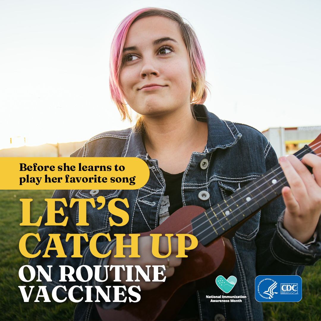 Image of teenager with pink hair playing a ukulele. This image includes a CDC logo in the bottom right corner.