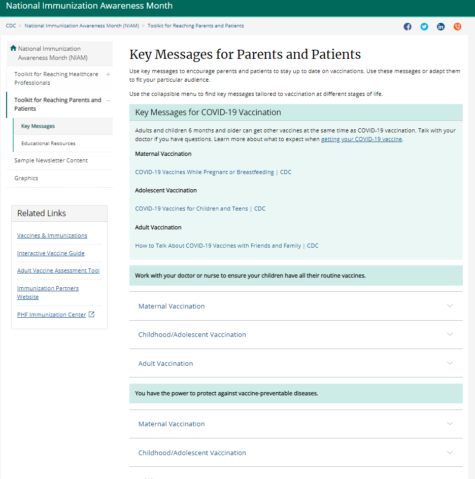 CDC website with green, gray, and white background and black text and titled Key Messages for Parents and Patients.