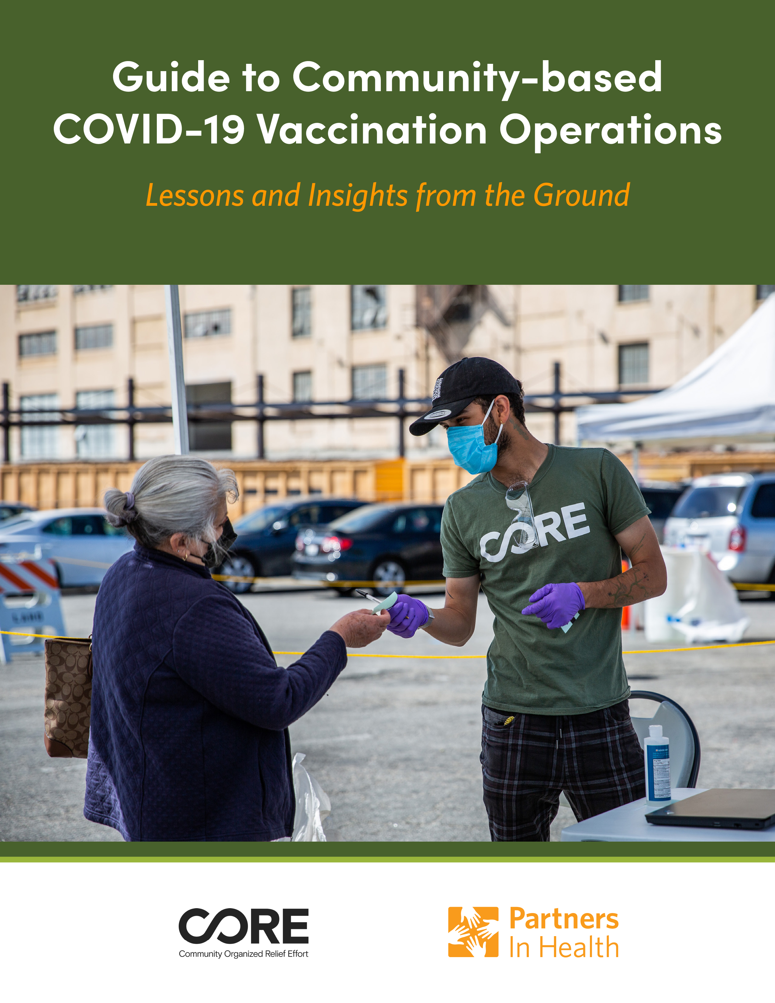 Title page of the report. A vaccine drive worker wearing a CORE shirt is shown assisting an attendee. 