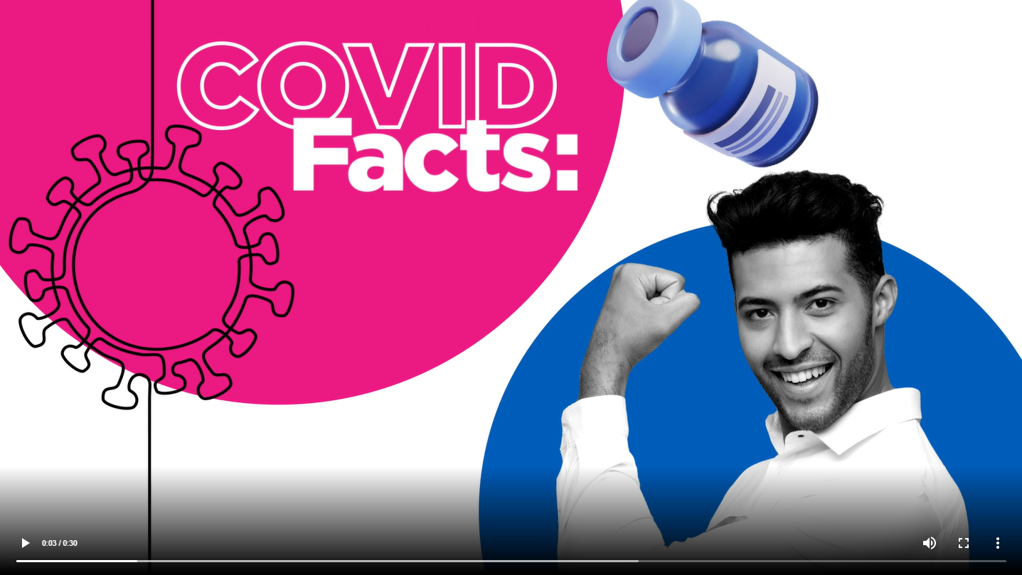 A young adult man flexes his arm. Text reads, "COVID Facts:"