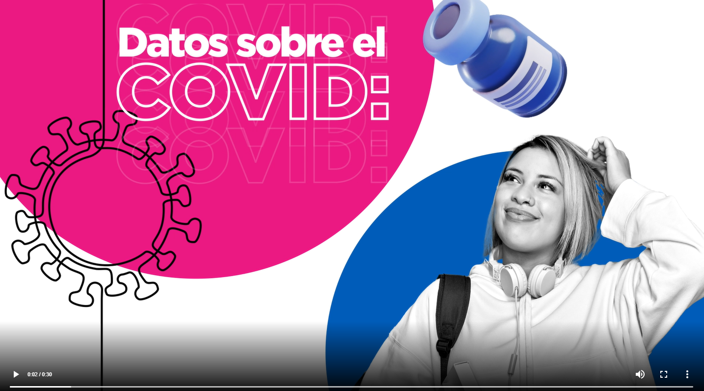A young adult woman. Spanish text reads, "COVID Facts:"