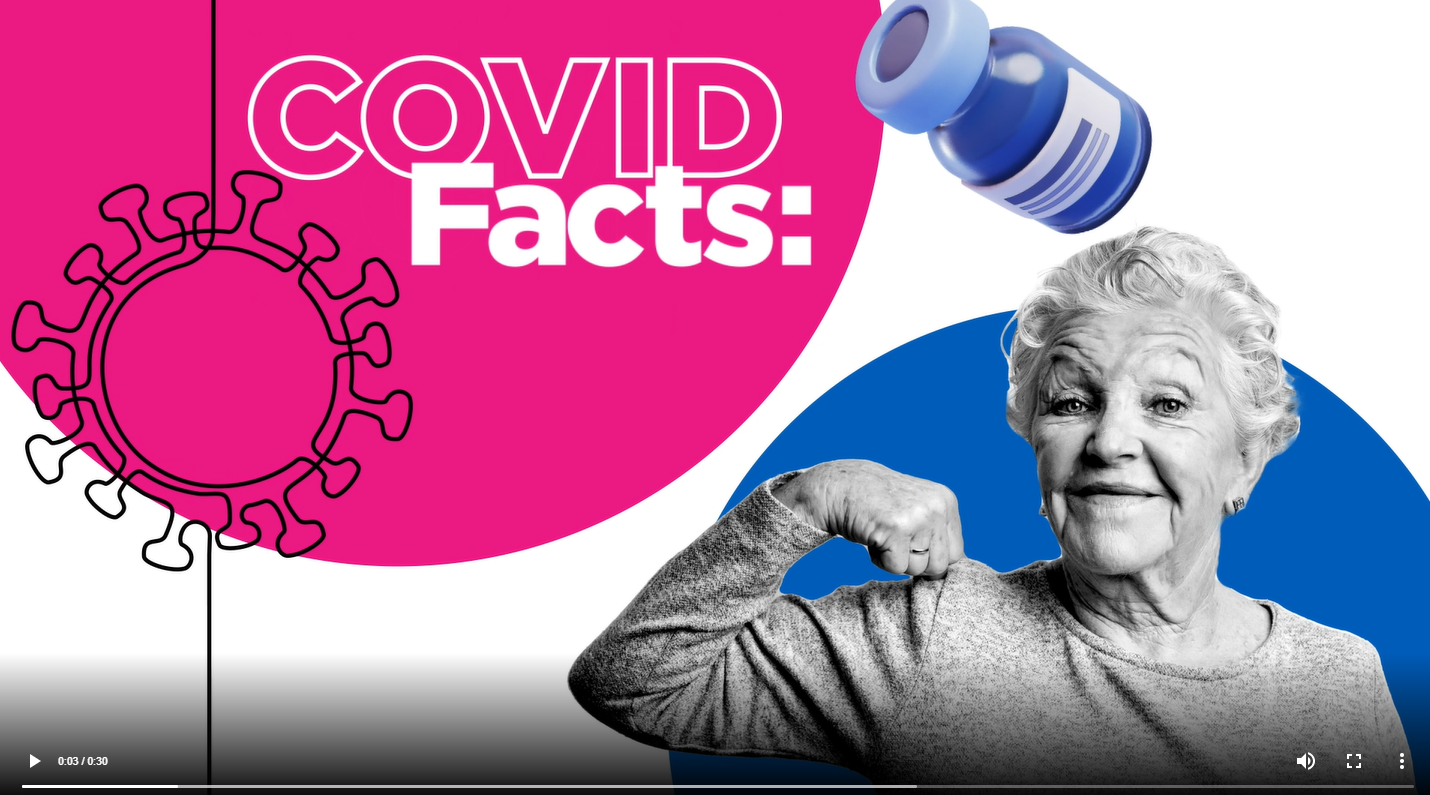 A older adult woman flexes her arm. Text reads, "COVID Facts:"