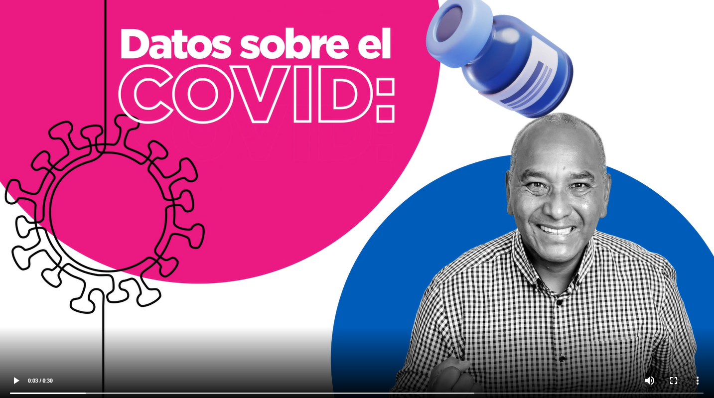 An older adult man smiles with a clenched fist. Spanish text reads, "COVID Facts."