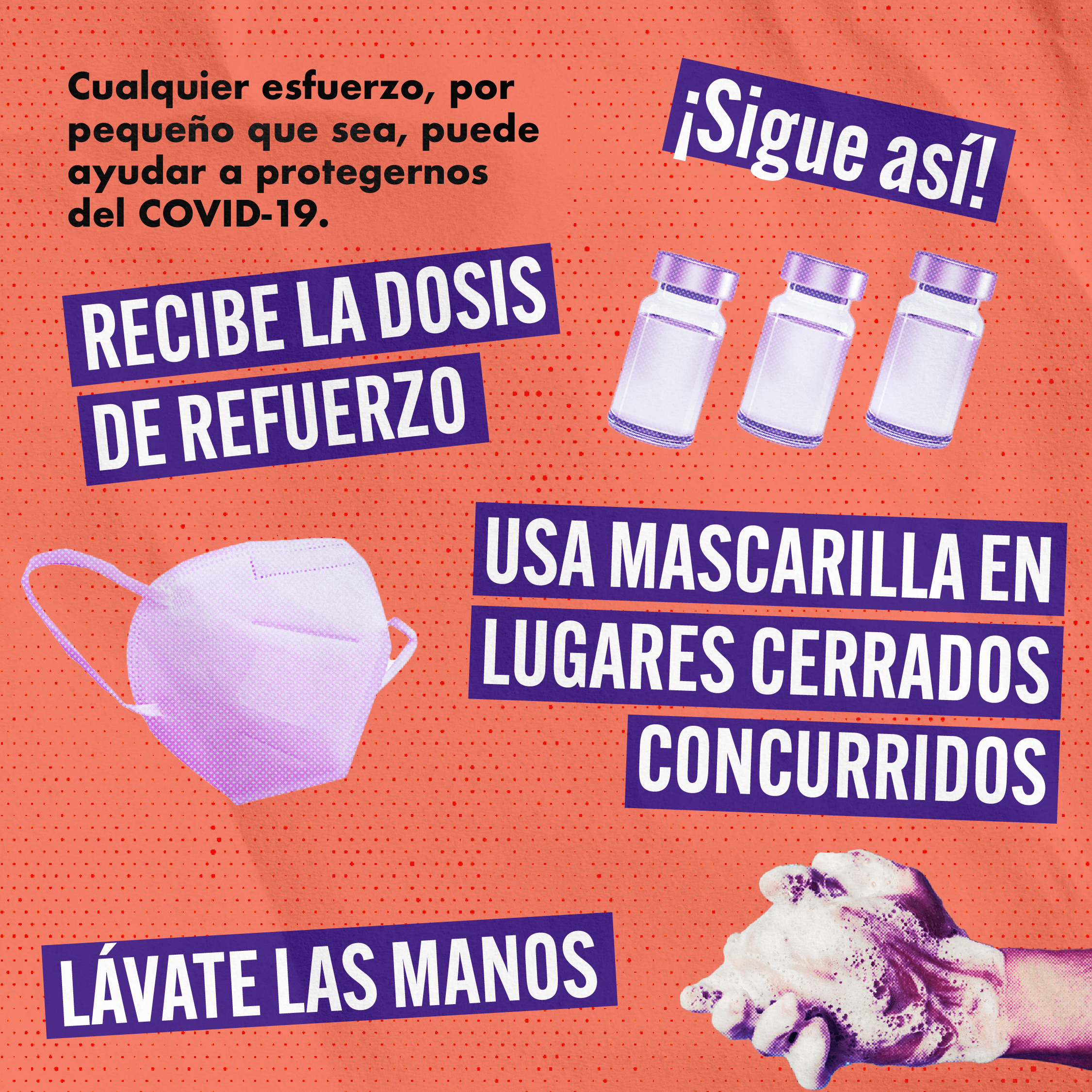 Various images surrounding text include vaccine vials, a mask, and a hand holding a soapy sponge