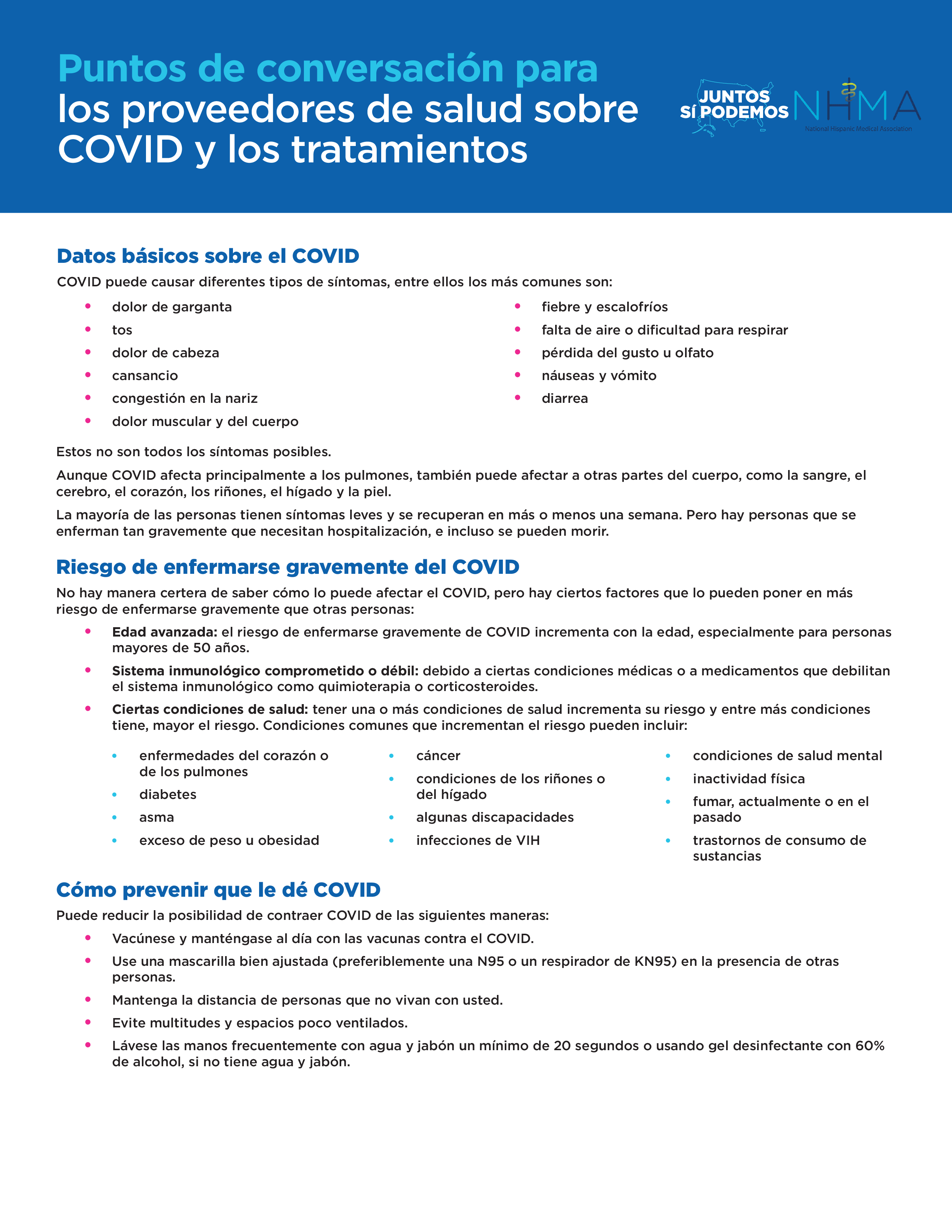 Factsheet on talking points and treatment options on COVID-19 for health care providers with "We Can DO This" and "NHMA" logo at the top right corner.