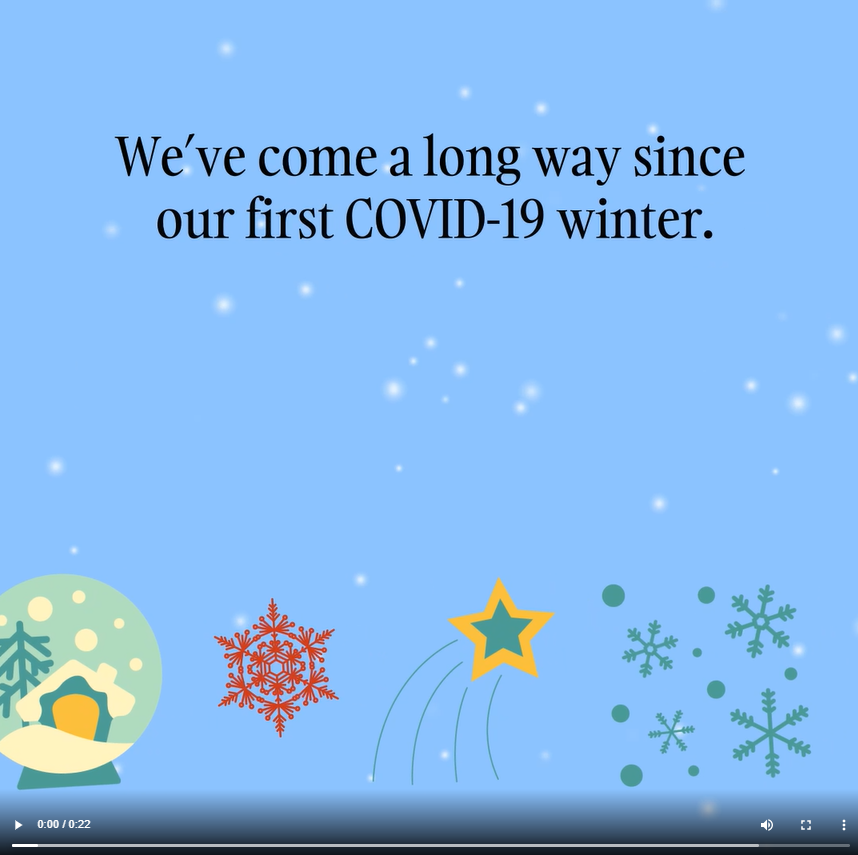 Text reads, "We've come a long way since our first COVID-19 winter" over a winter-themed background with snowflakes, a snow globe and shooting star.