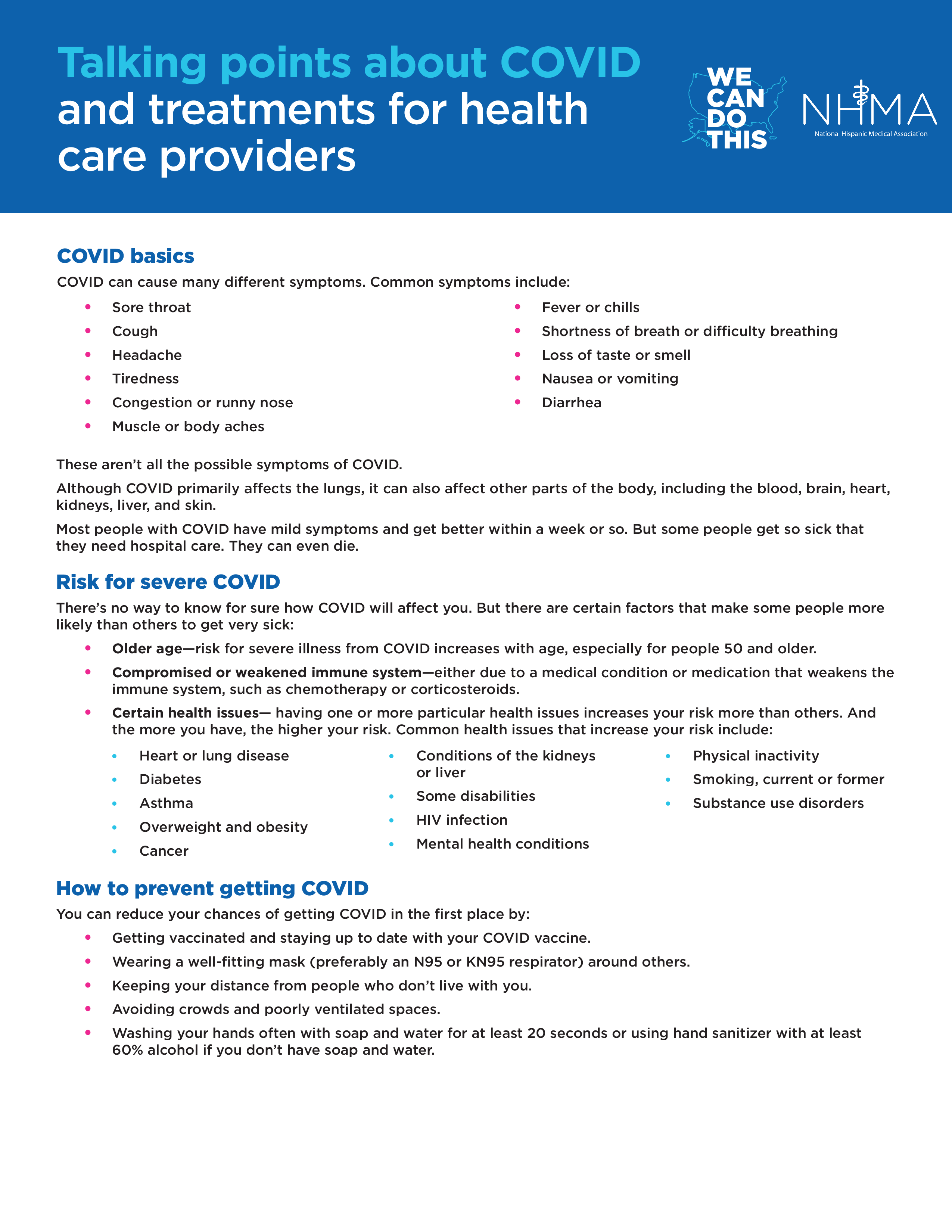 Factsheet on talking points and treatment options on COVID-19 for health care providers with "We Can DO This" and "NHMA" logo at the top right corner.