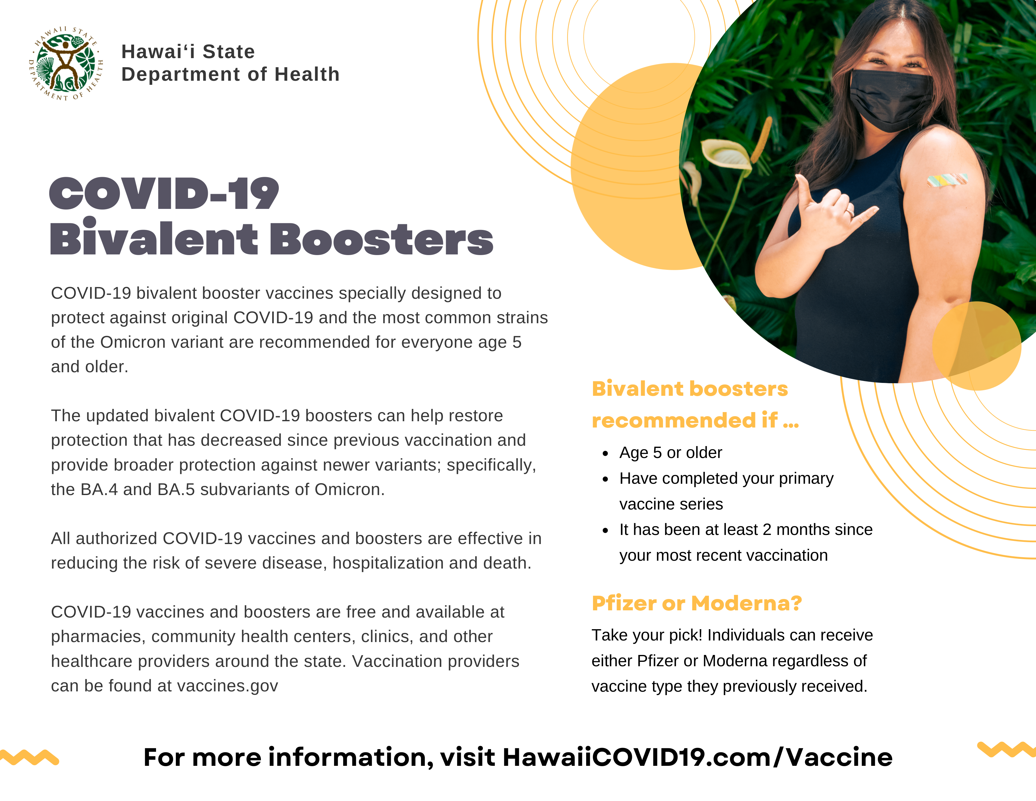 factsheet called COVID-19 bivalent boosters with a woman showing her arm where she received a vaccine