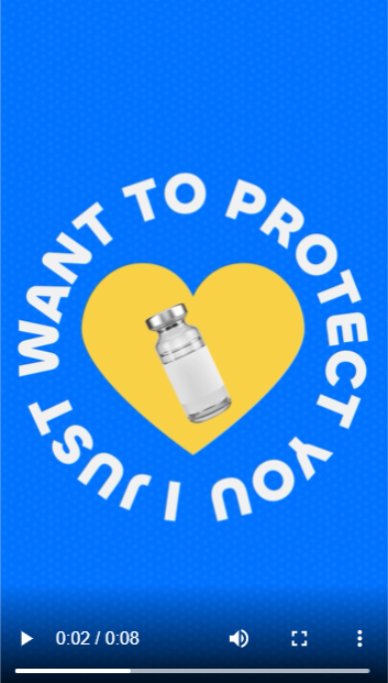 Thumbnail image of a social media video with a blue background and white text stating “I just want to protect you” circling around a yellow heart that contains a black KN95 style mask.