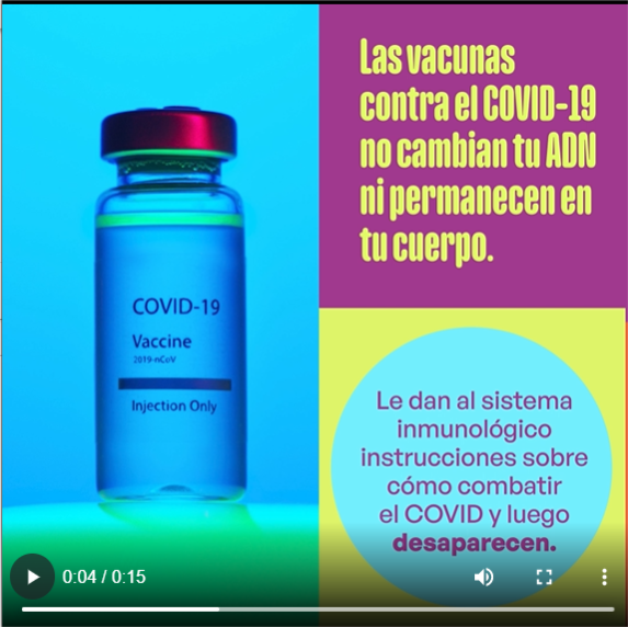 Image of a COVID-19 vaccine vial with phrase "COVID-19 vaccines don't change your DNA or stay in your body. They give your immune system instructions for how to fight COVID and then disappear."