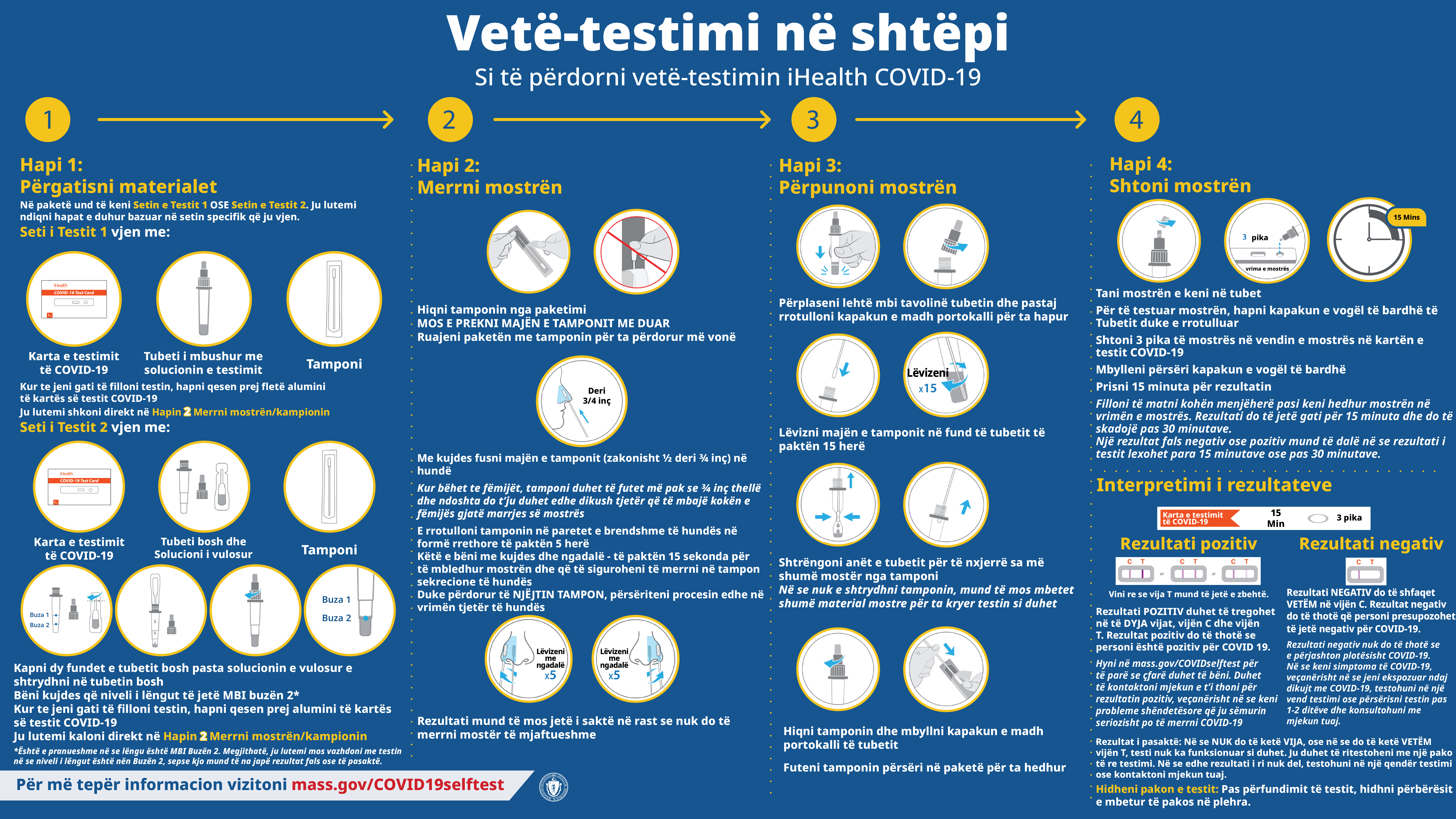 Full color Albanian COVID-19 Self-Test Instruction Sheet