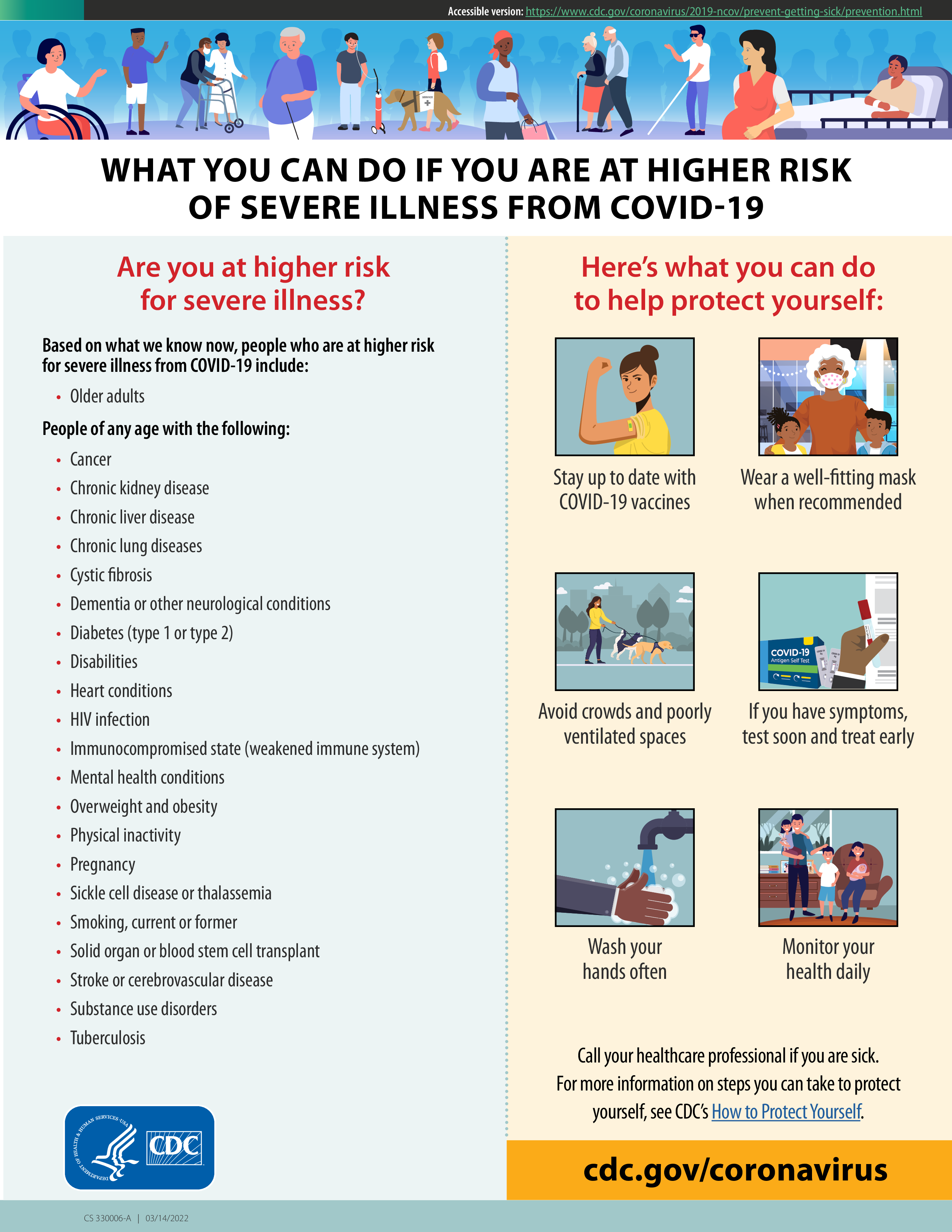 Factsheet from the CDC titled WHAT YOU CAN DO IF YOU ARE AT HIGHER RISK OF SEVERE ILLNESS FROM COVID-19
