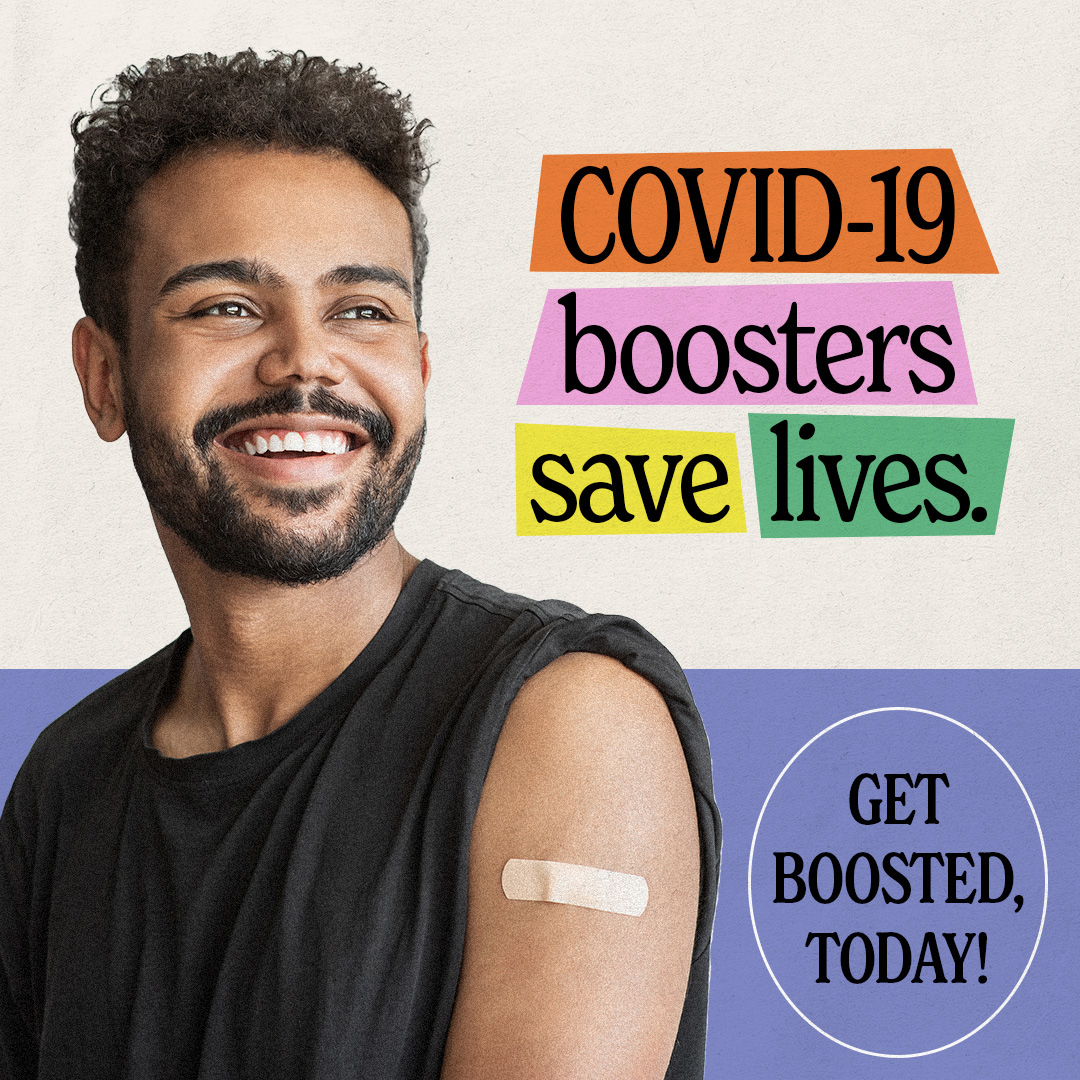Man smiles and has sleeve rolled up with bandage showing on arm. Graphic has text too.