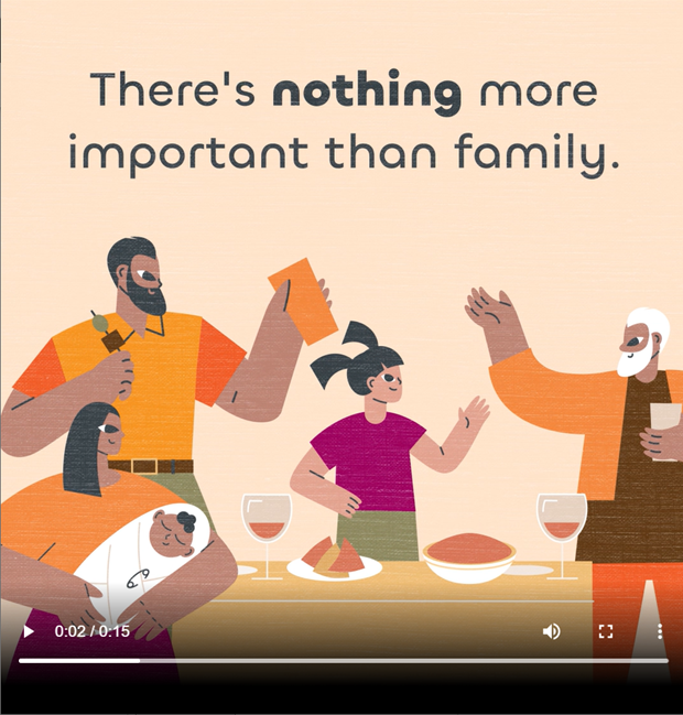 Image showing a family gathered around a table with food and drinks. The text states "There's nothing more important than family"