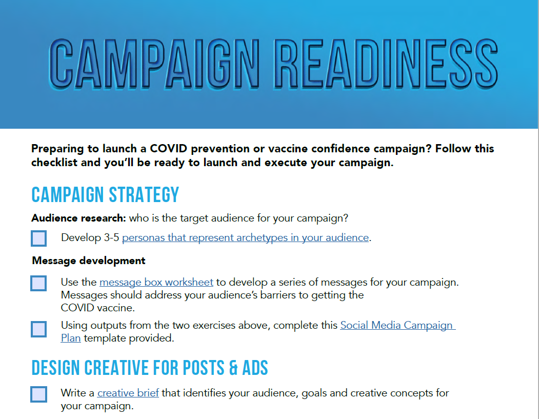 Checklist titled "Campaign Readiness" with sections for campaign strategy and design creative for posts & ads. 