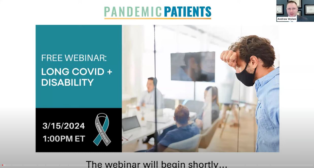 Screen capture of the webinar introduction slide, which includes a picture of a white man wearing a medical mask outside of a conference meeting room along with the title, date, and time of the webinar