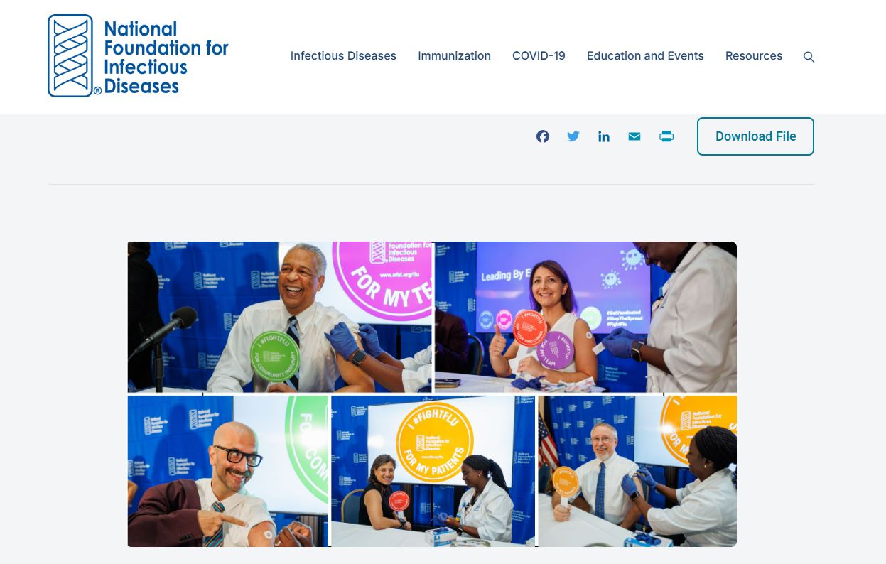 Screengrab of the NFID webpage, which includes 5 images of individuals of different races, genders, and ages, receiving vaccines and holding up paddles with the slogan "I #FightFlu" 