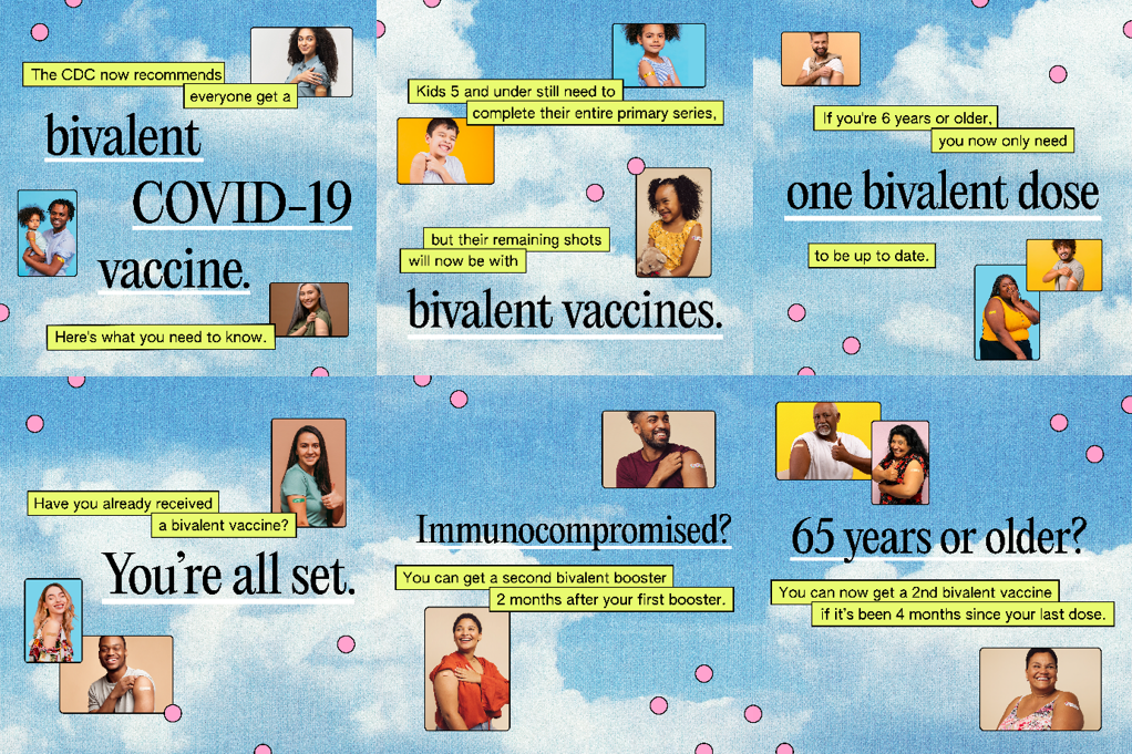 Various images of smiling individuals of multiple races, ethnicities, genders, and ages. All individuals have a bandage on their arm to convey recent COVID-19 vaccination.