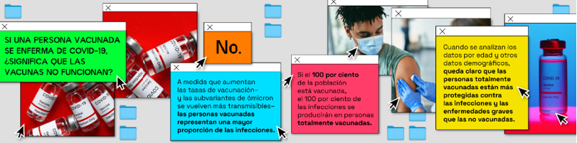 Images of various computer windows open with computer file icons on gray background. Computer windows have Spanish text in Black font with green, red, orange, or yellow. One computer window has an image of a Black male wearing a mask receiving a vaccine from a healthcare worker who is wearing blue gloves. The last computer window is of a COVID-19 vaccine vial. 