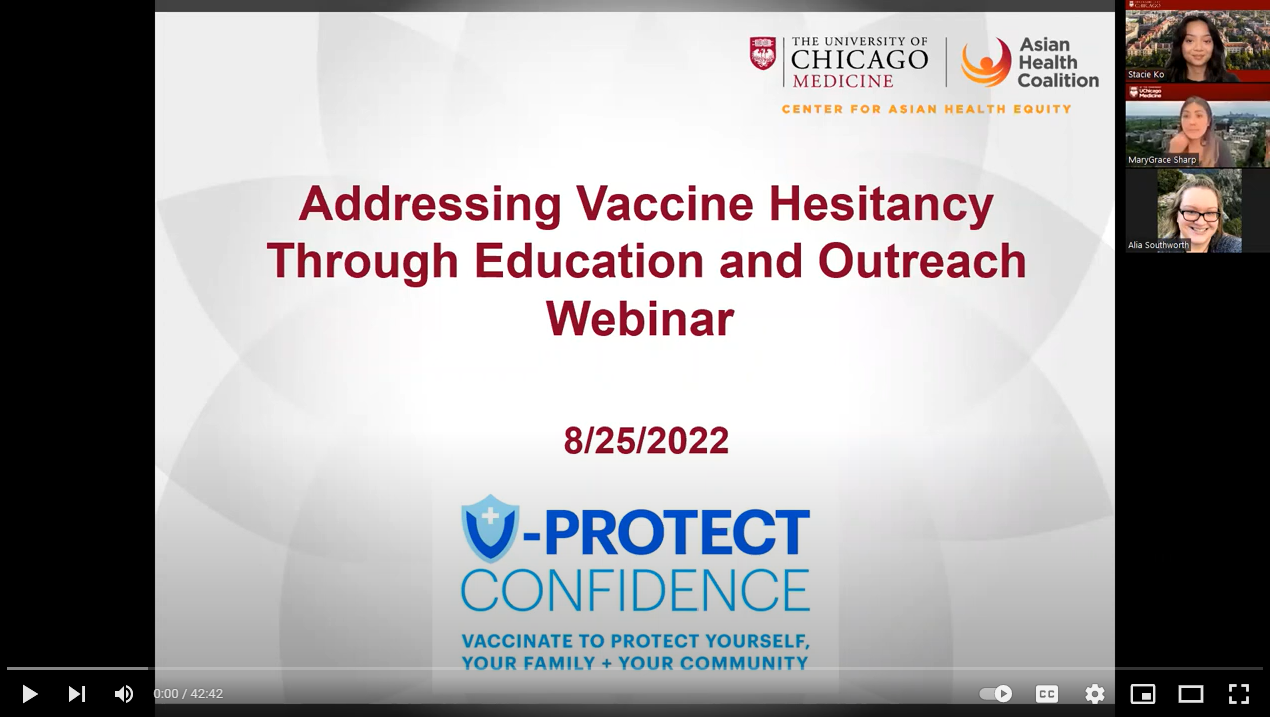 The title slide of a webinar has the title "addressing vaccine hesitancy through education and outreach webinar" in maroon text against a gray background