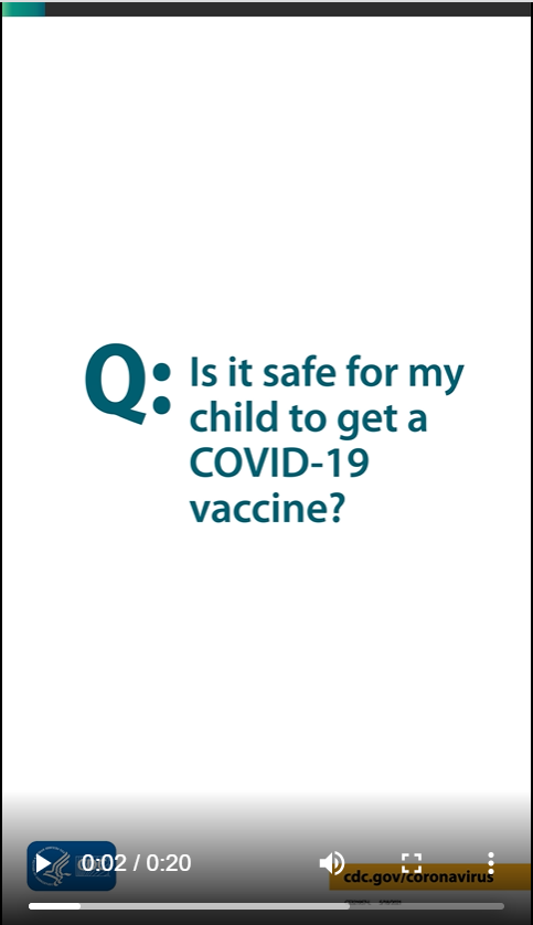 Text reads, "Q: Is it safe for my child to get a COVID-19 vaccine?"