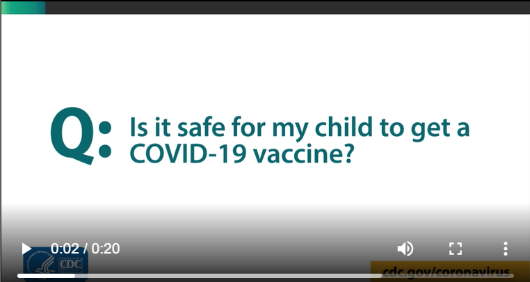 Text reads, "Q: Is it safe for my child to get a COVID-19 vaccine?"
