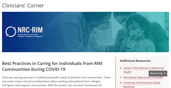 Screenshot of the webpage "Best Practices in Caring for Individuals from RIM Communities during COVID-19" developed by National Resource Center for Refugees, Immigrants, and Migrants (NRC-RIM)
