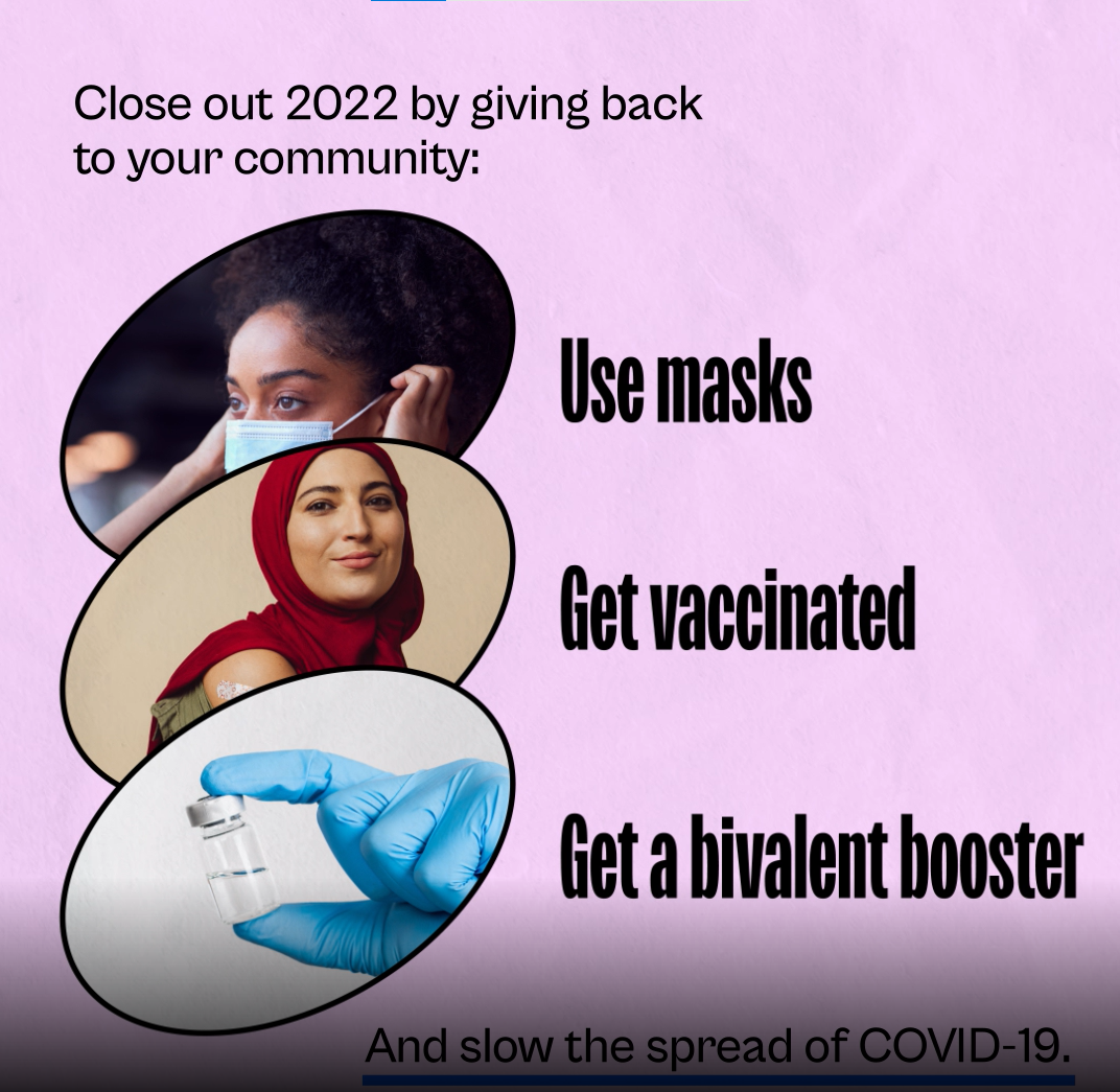 Three images of a Black woman putting on a mask, a woman wearing a hijab with an adhesive bandage on her arm, and a gloved hand holding a vial. 