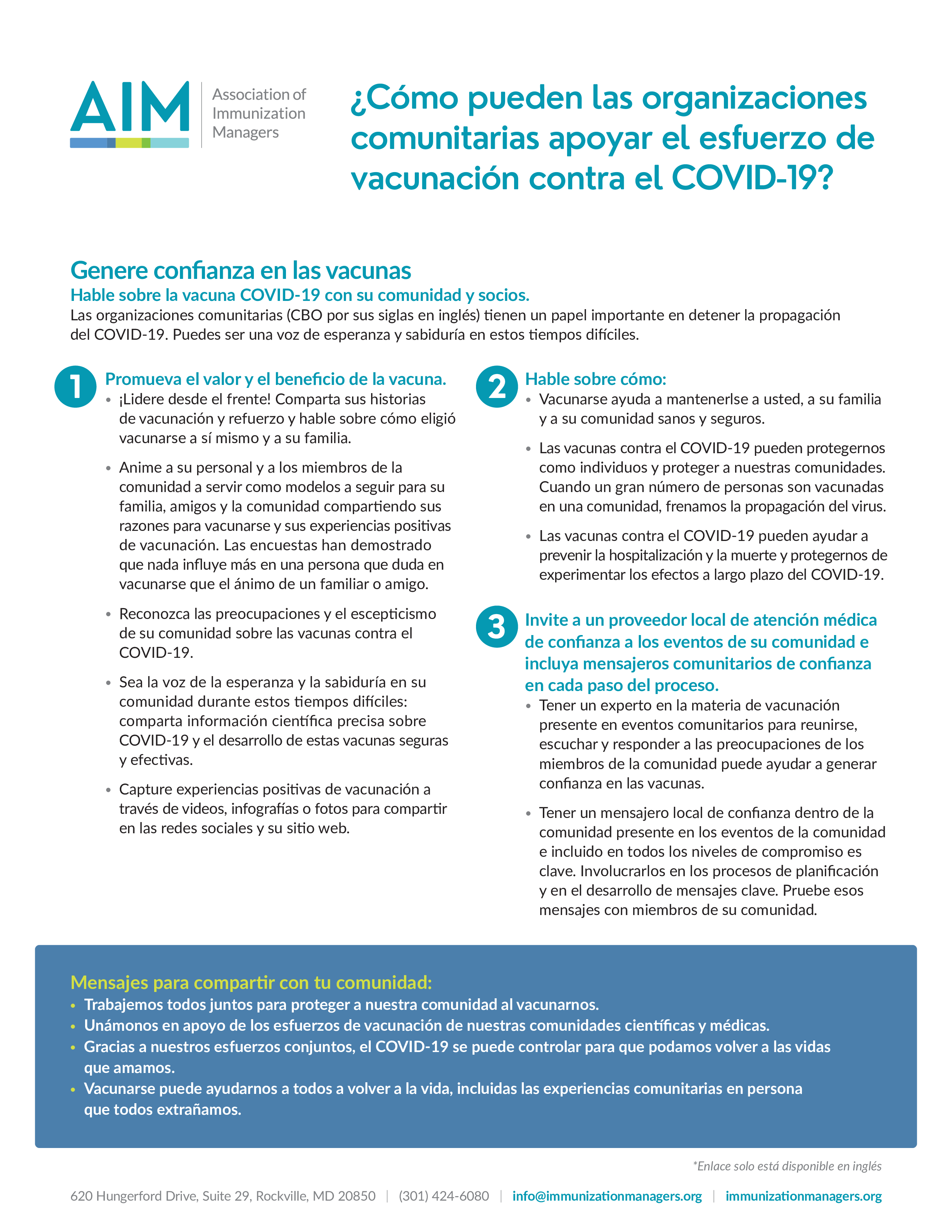 Image of factsheet from Association of Immunization Managers (AIM) of tips on how CBO's can support the COVID-19 vaccination effort.