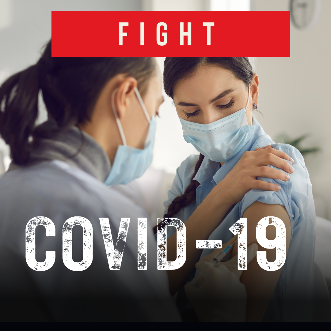 A woman receives a vaccine from a healthcare provider. Text reads, "Fight COVID-19"