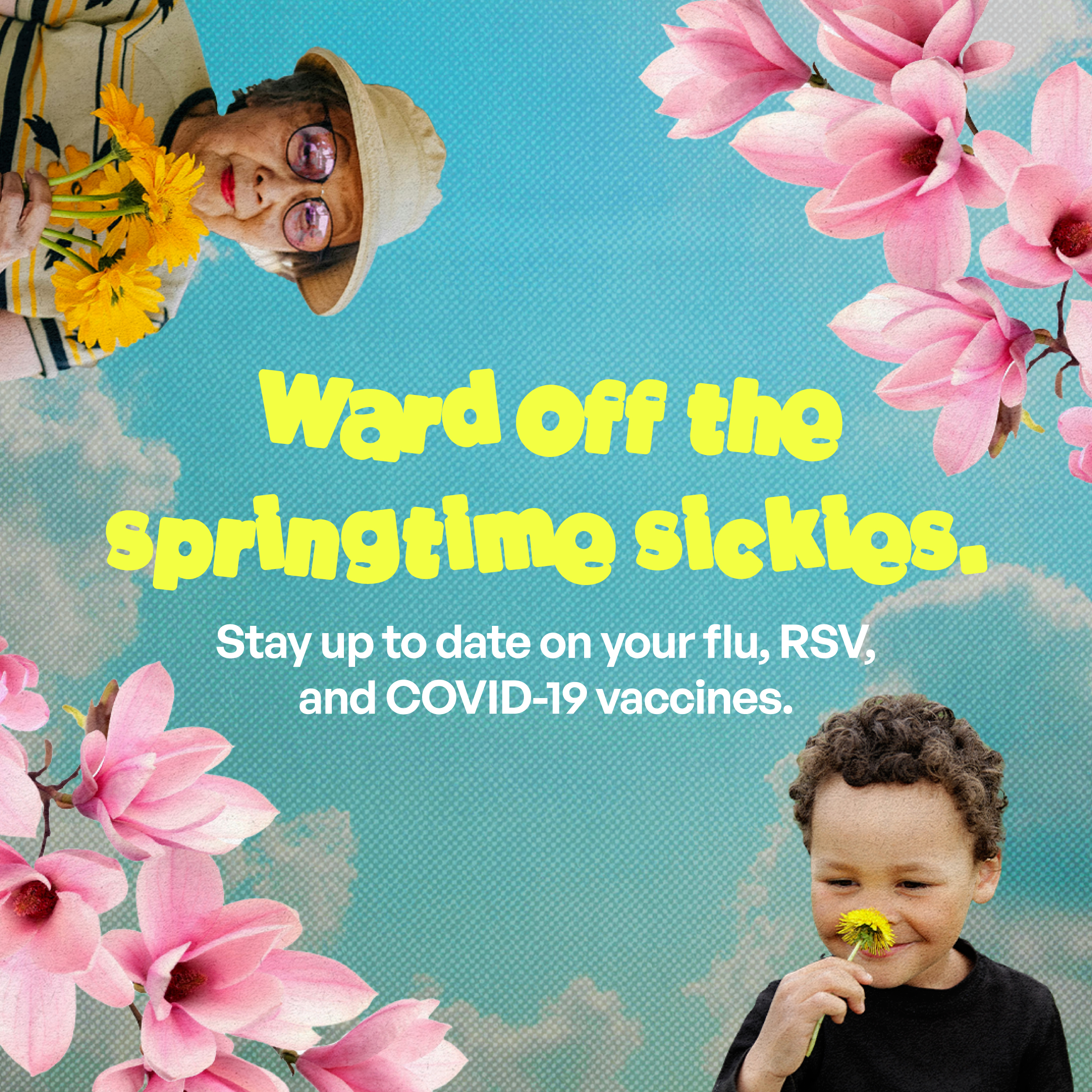 Graphic shows pink cherry blossoms against a blue sky, alongside a child sniffing a dandelion and an older woman in a sunhat sniffing a bouquet of yellow flowers. 