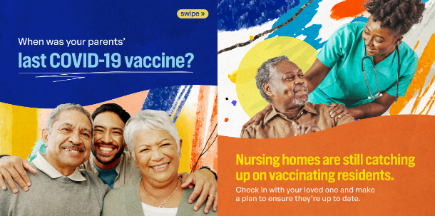 Graphics show a Latino grandson hugging his grandparents with a huge smile and a Black nurse smiling down at an older Black man.