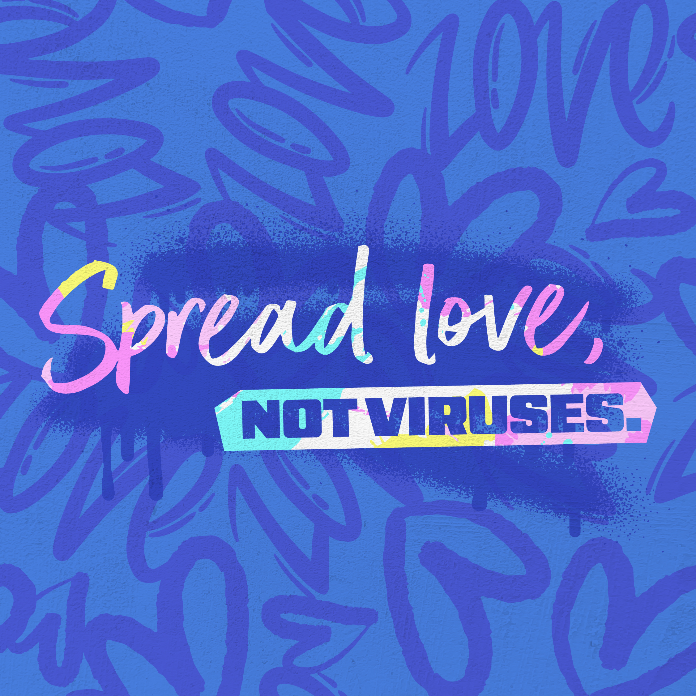 Graphic shows multi-colored text against a blue background with hearts and the word 'love.'