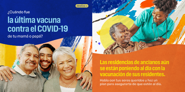 Graphics show a Latino grandson hugging his grandparents with a huge smile and a Black nurse smiling down at an older Black man.