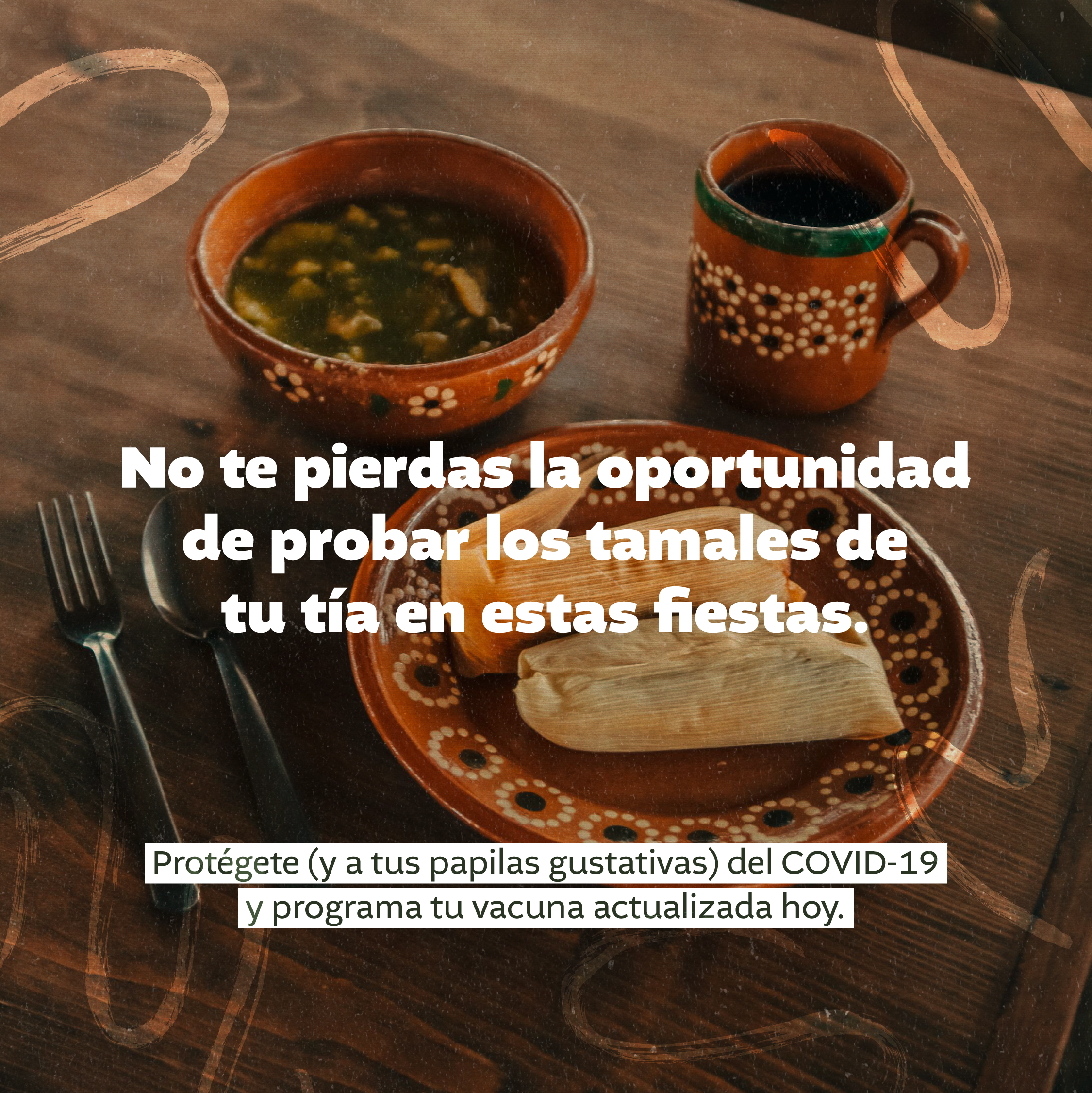 Graphic shows a plate of tamales, a bowl of soup, and a cup of coffee on a wooden table, beside a fork and spoon.