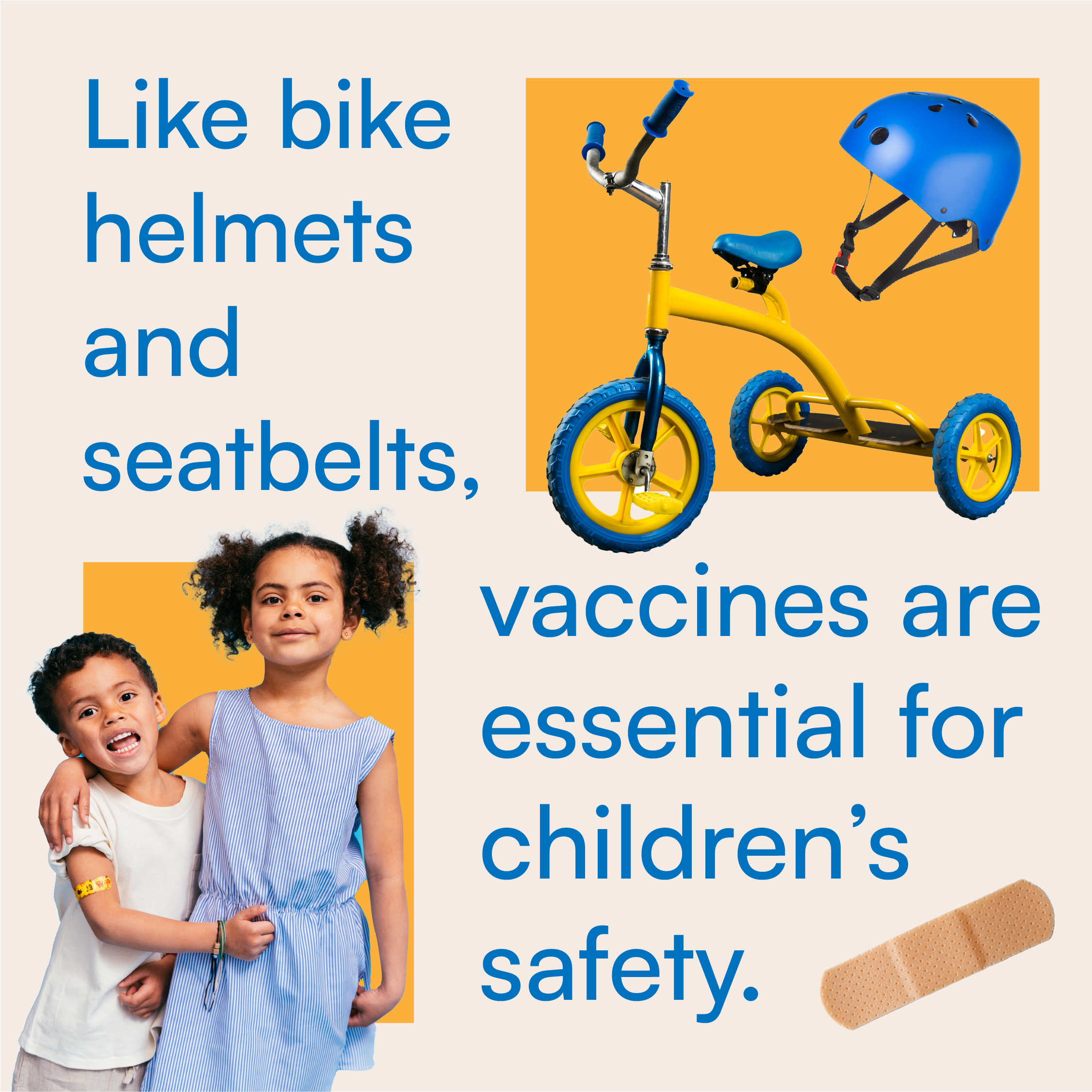 Graphic shows an image of a bike with training wheels and helmet along with an image of two young children together.