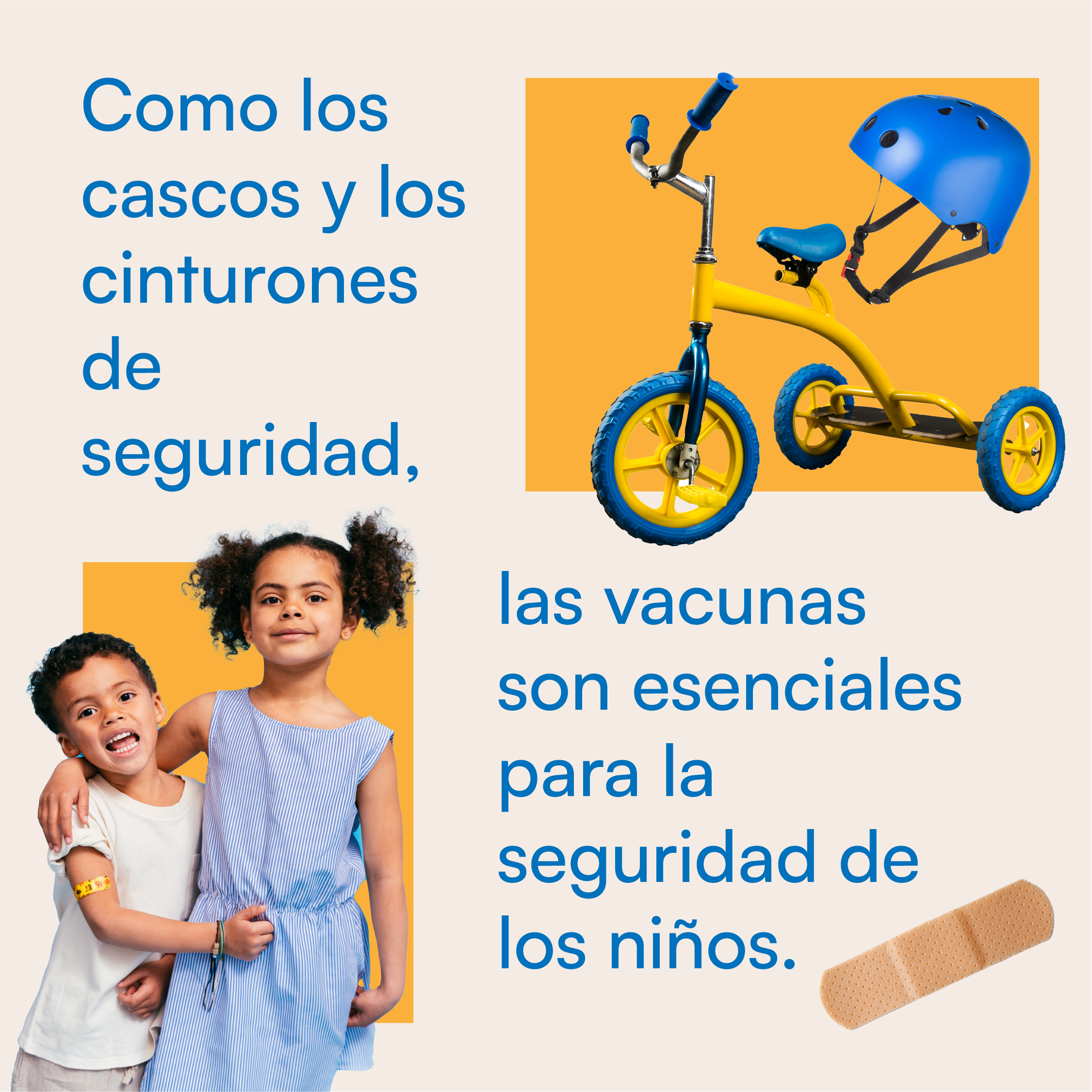 Graphic shows an image of a bike with training wheels and helmet along with an image of two young children together.