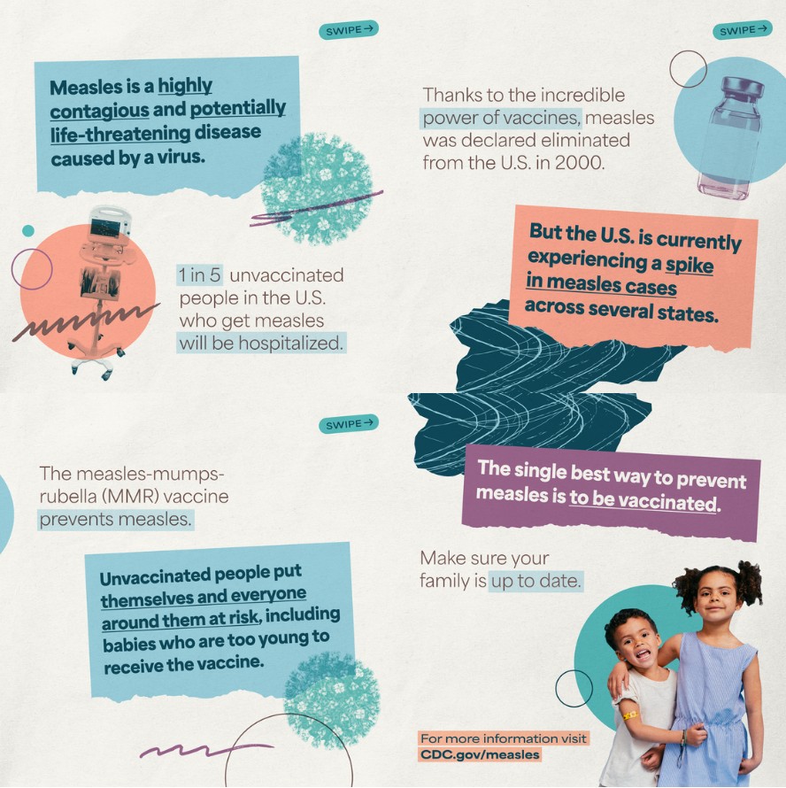 Graphics showcase two illustrations of viruses, one image of a vaccine vial, one image of a hospital monitor, and one image of two young children of color standing arm in arm and looking at the camera (one of whom has a bandage on their shoulder).