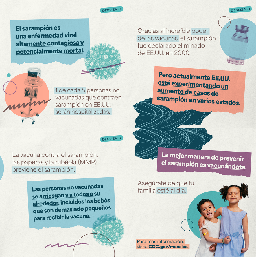 Graphics showcase two illustrations of viruses, one image of a vaccine vial, one image of a hospital monitor, and one image of two young children of color standing arm in arm and looking at the camera (one of whom has a bandage on their shoulder).