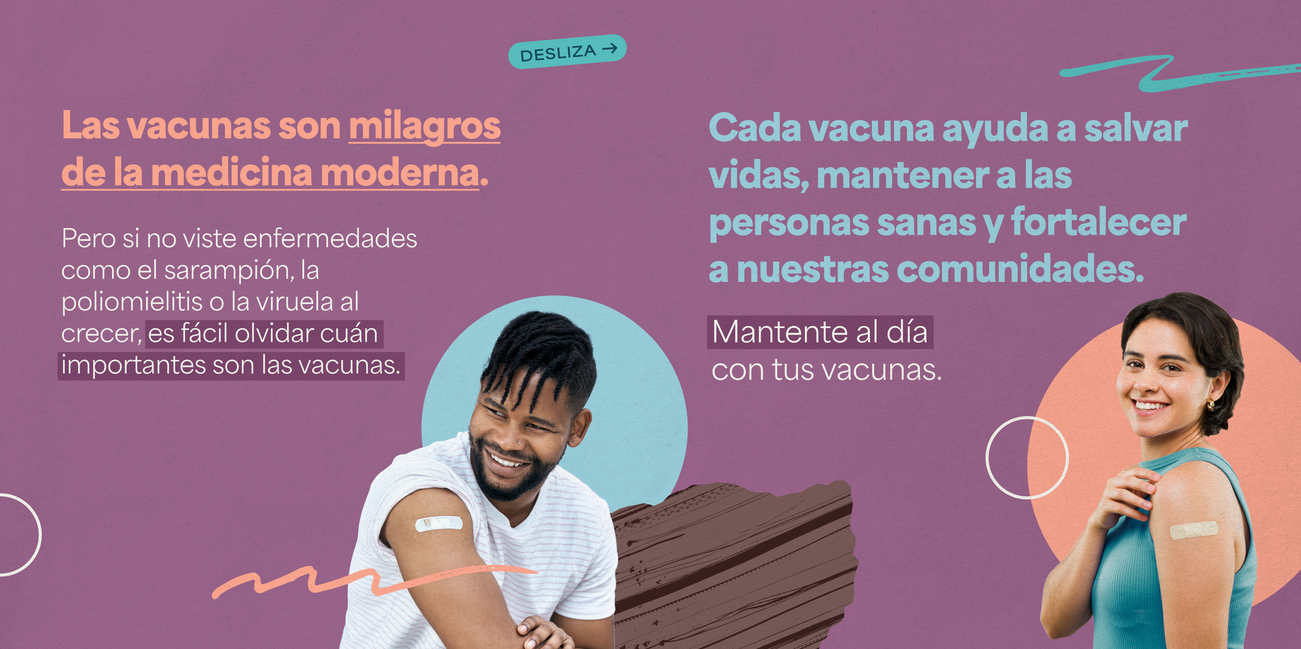 Graphics show two images: a Black man smiling while looking off camera and showing off a bandage on his shoulder, and a woman standing in profile, smiling at the camera and showing off a bandage on her shoulder.