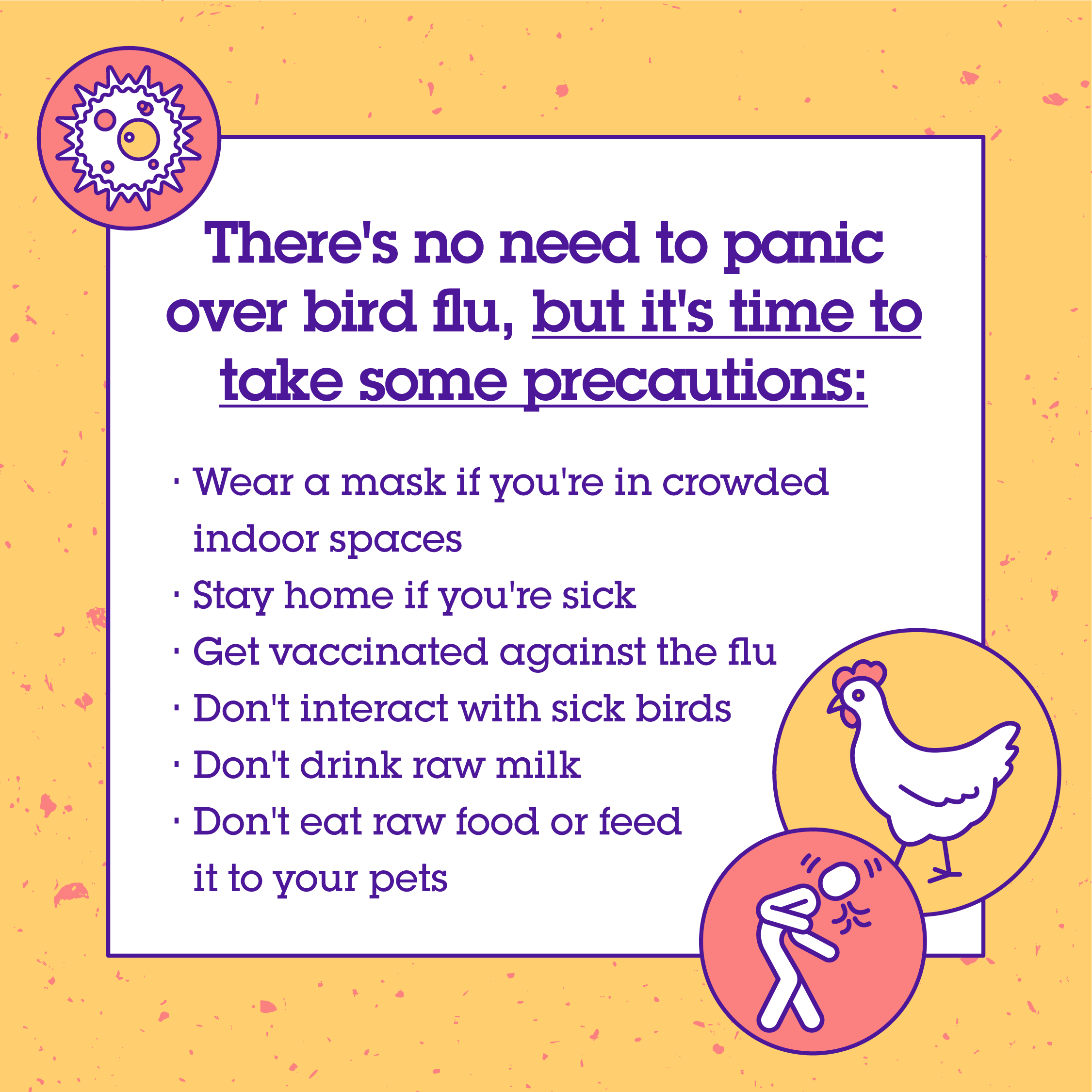 Graphic includes cartoon images of a chicken and a person coughing. Example precautions include not interacting with sick birds or drinking raw milk. 