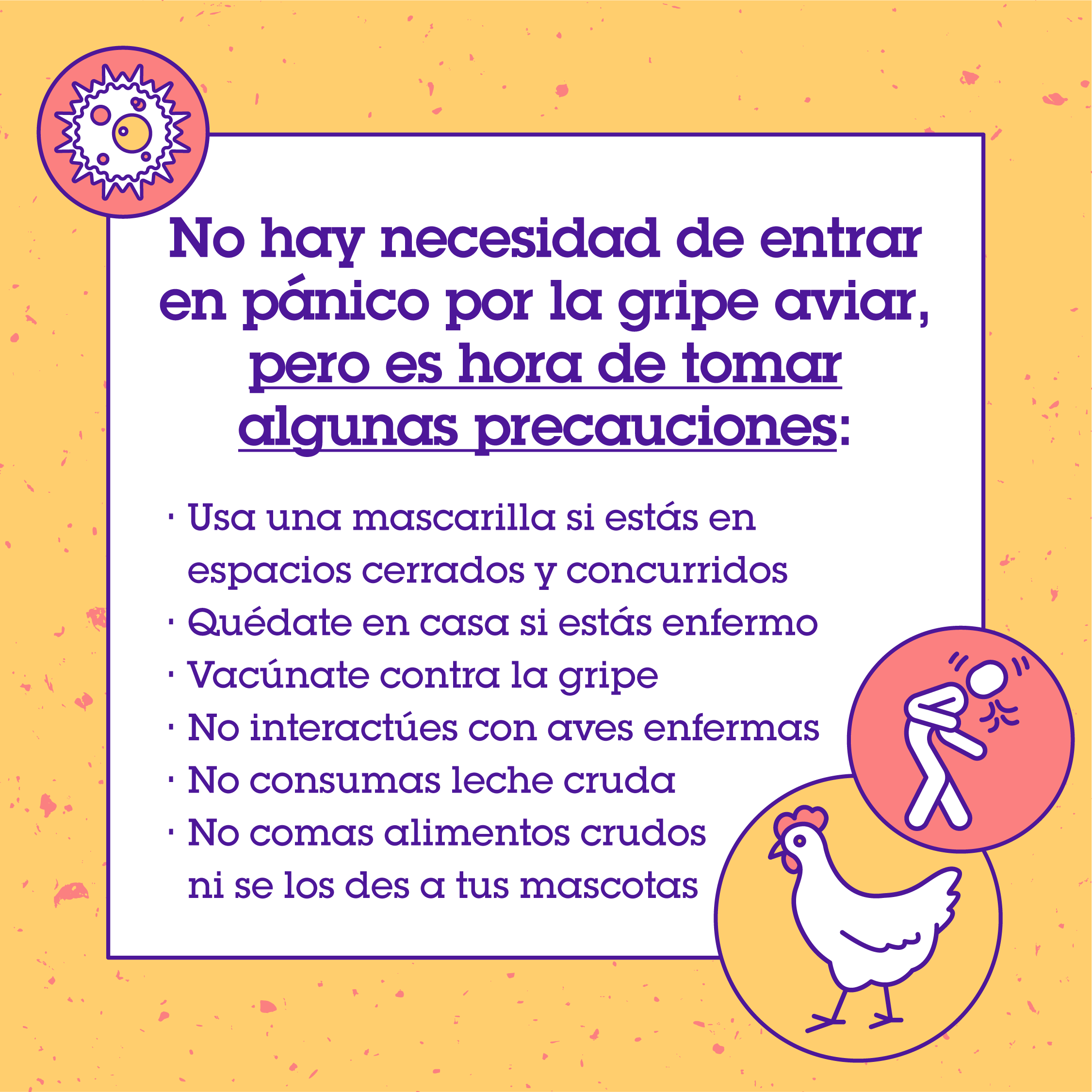 Graphic includes cartoon images of a chicken and a person coughing. Graphic includes cartoon images of a chicken and a person coughing. Example precautions include not interacting with sick birds or drinking raw milk. 