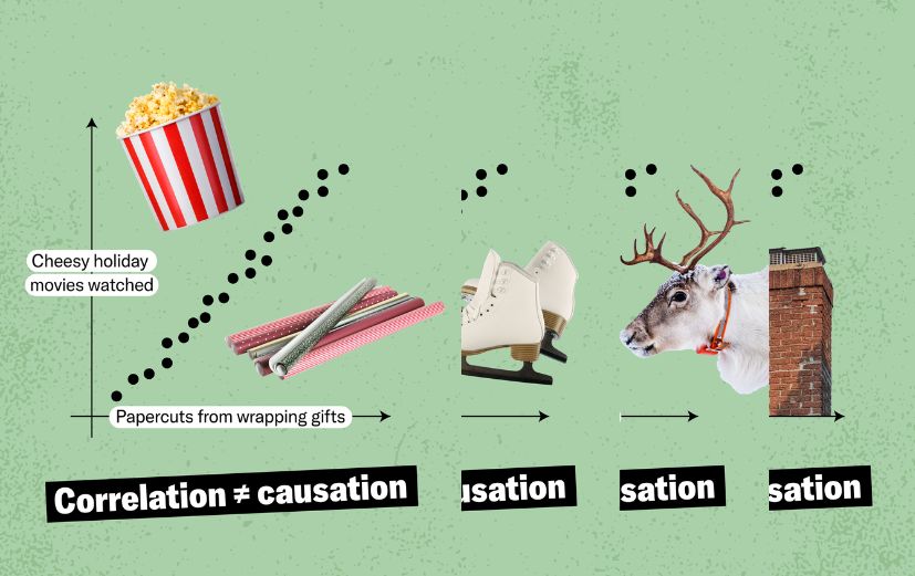 Carousel shows four scatterplots. Text at the bottom of each reads: “Correlation ≠ causation.” Slide 1: Cheesy holiday movies watched vs. papercuts from wrapping gifts with photos of popcorn & wrapping paper. Slide 2: Hot cocoa consumed vs. near slips on ice with photos of a mug & figure skates. Slide 3: Gingerbread houses decorated vs. reindeer sightings with photos of a gingerbread house & reindeer. Slide 4: Ugly sweaters worn vs. chimney fires with photos of a holiday sweater & chimney.