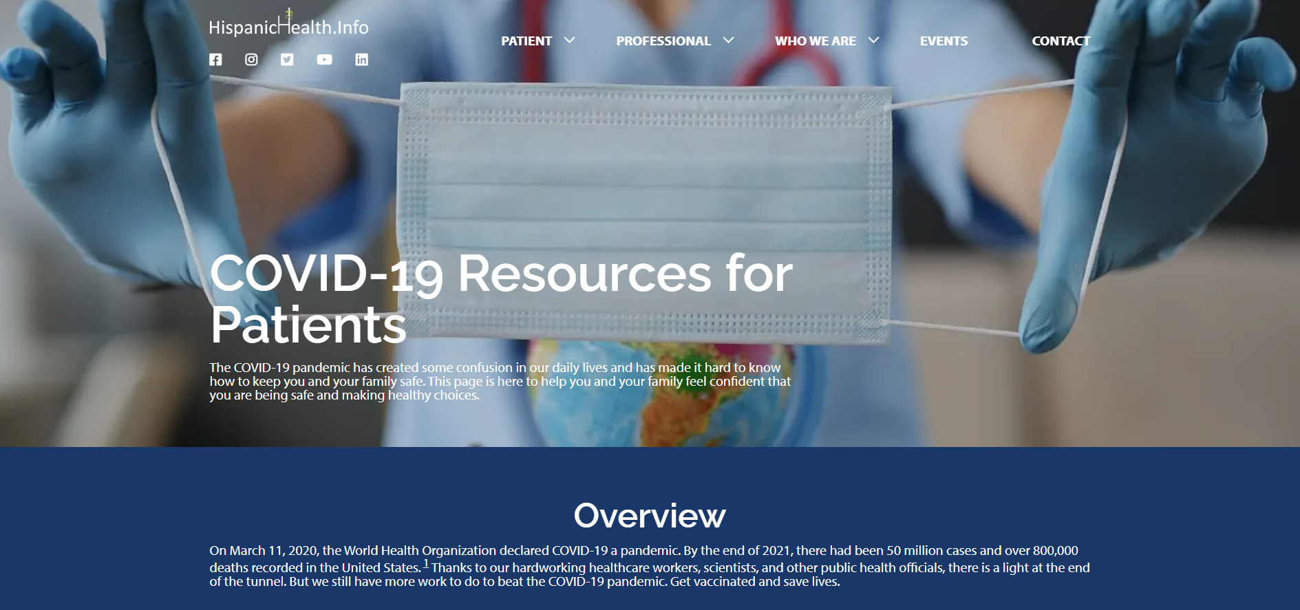 COVID-19 resources webpage with an image of a health care worker wearing gloves and holding a mask.