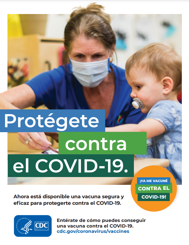 Female white staff member of a daycare wearing a mask and playing with a baby.  Image says "Protect from COVID-19" in Spanish
